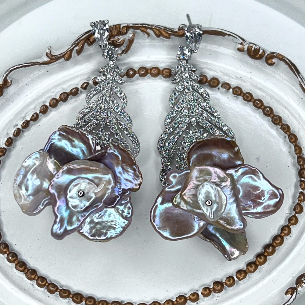 🤩 Custom Handmade Freshwater Keshi Pearl Crystal Flower 🌺 Earrings S925 SS Posts